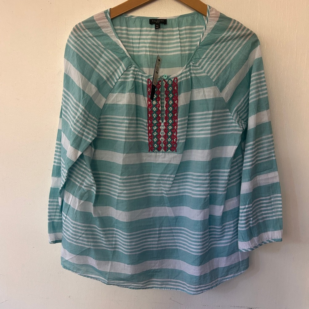 Talbots Blouse Womens LP Green Striped Beaded Neck Cotton Voile Coastal Boho NWT